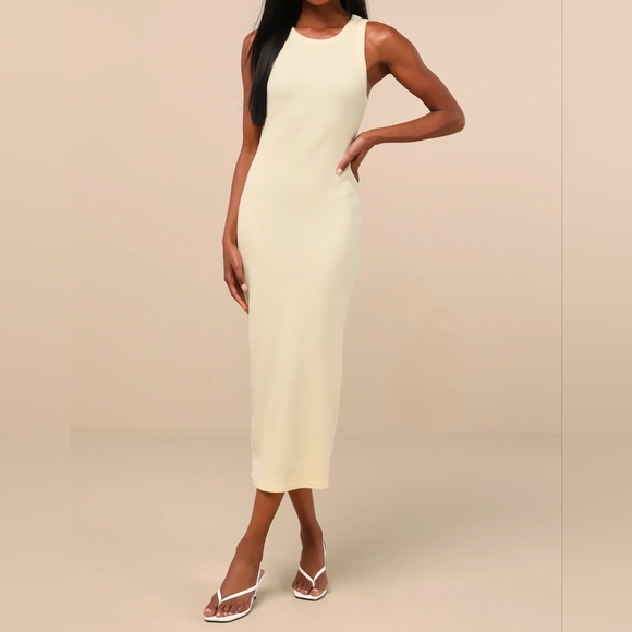 Lulus Dresses & Skirts - Lulus Majorly Trendy Light Yellow Ribbed Bodycon Midi Dress, Size Large